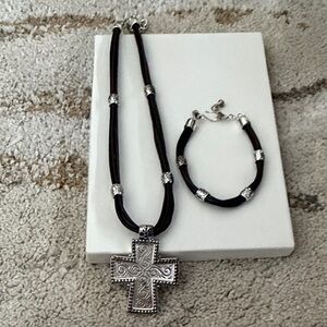 Silver Cross Pendant Necklace & Bracelet Set